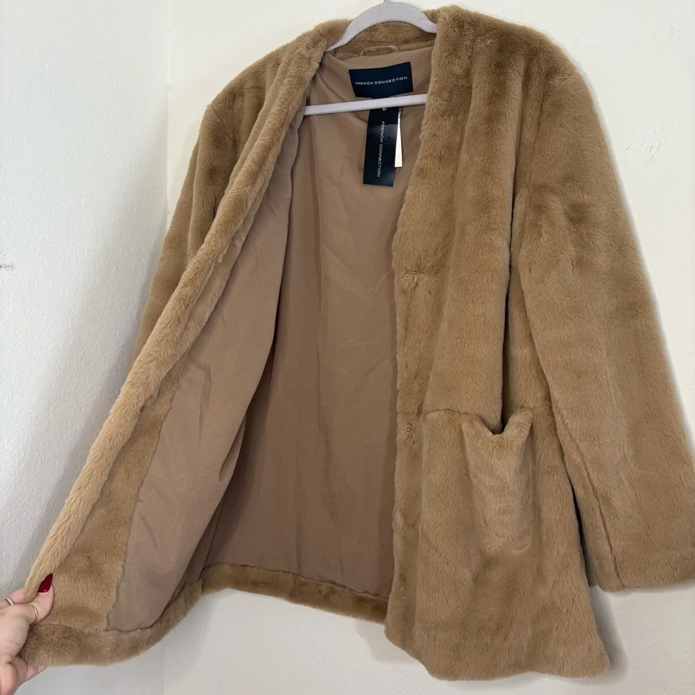 French Connection Camel Buona Faux Fur Coat Jacket NWT - Picture 5 of 11